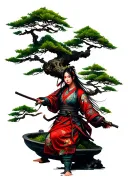  large bonsai in background with samurai female warrior tattoo design idea
