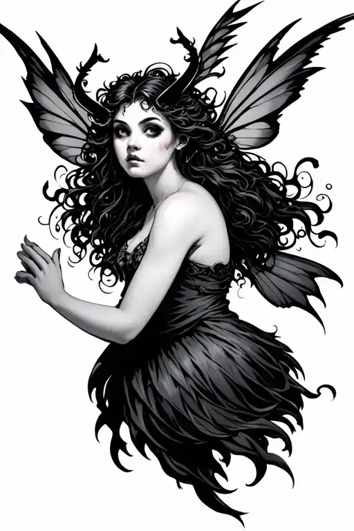 demon fairy flying, not sexy, evil face tattoo design idea