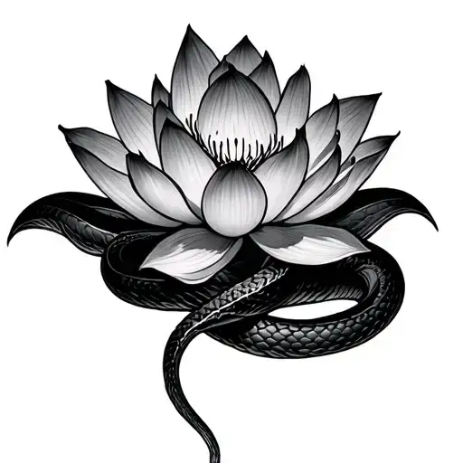 lotus flower with a black mamba snake wrapped tattoo design idea