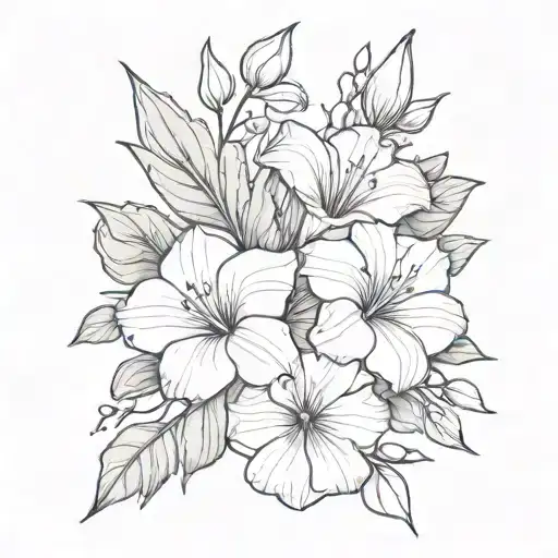 simple fine line bouquet with violets, morning glory, and gladiolus tattoo design idea