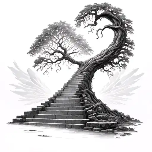 the tree of life bent and twisted with an s shaped stone steps leading up to the base and heaven in behind tattoo design idea