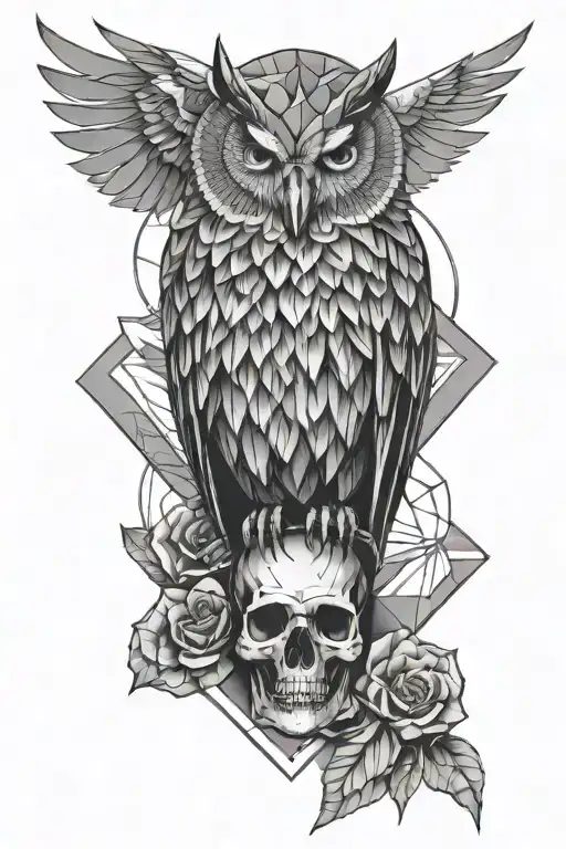 geometric design incorporating owl perched on skull tattoo design idea