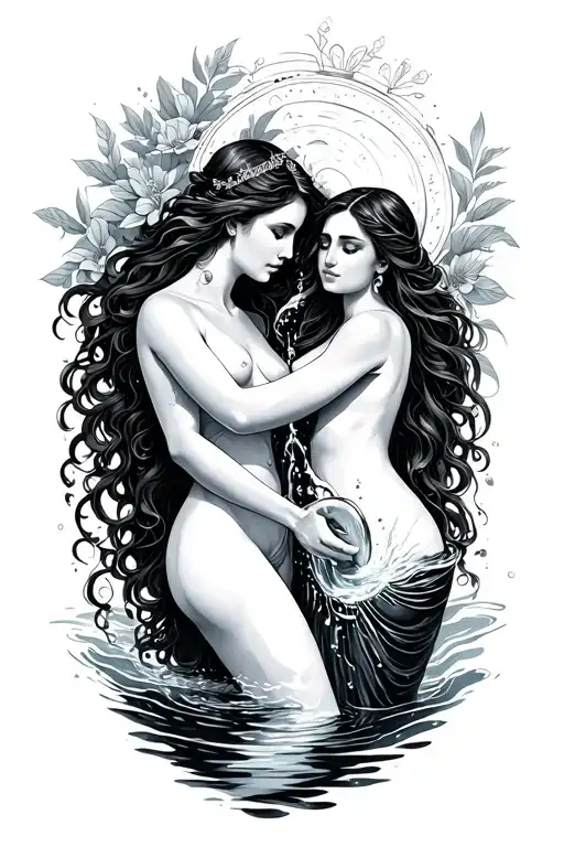 Aquarius and Virgo lady pouring water tattoo design idea