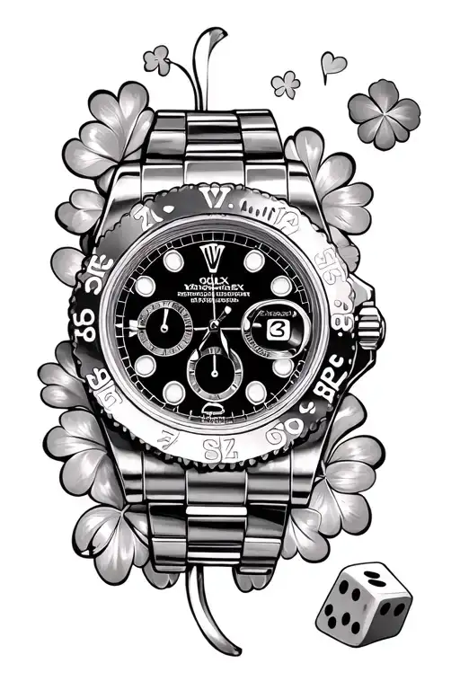 rolex watch, dice, 777 lotery, lucky clover tattoo design idea