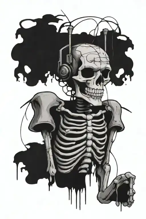 Basquiat styled tattoo design of a skelaton creating music tattoo design idea