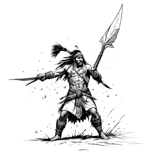Indian warrior attacking someone outside of the skin with a stone blade, spear point or arrow head coming out at viewer tattoo design idea