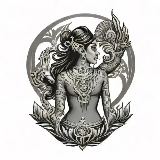 generate a tattoo for men upper back with a minimalist in design with a Karnataka heritage and goddess  tattoo design idea
