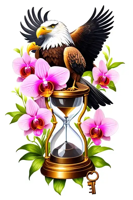 eagle represents protection of my kids with simple hourglass, orchids and lock and key  tattoo design idea