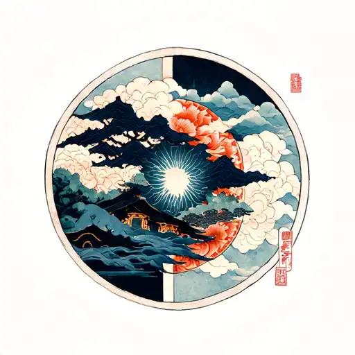 Japanese themed half sleeve with geometric shapes that fade tattoo design idea