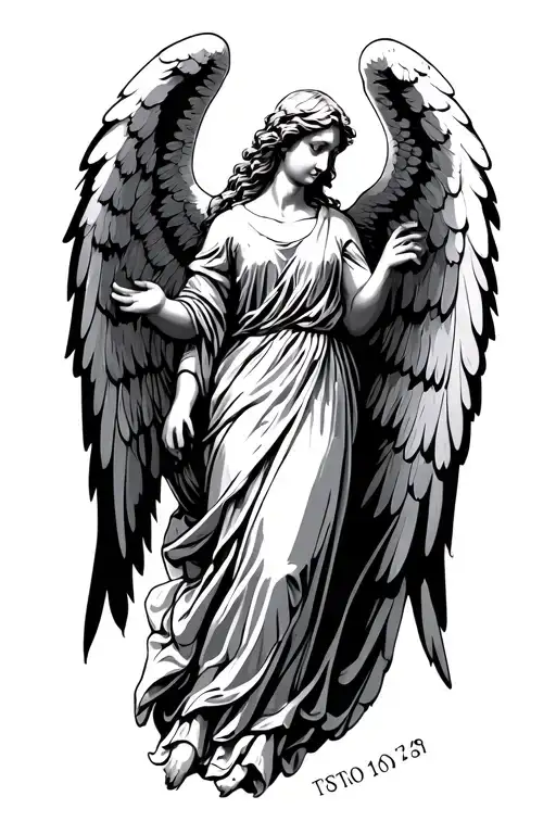  simple angel with wings, below it some random date with roman numbers tattoo design idea
