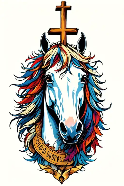 Horse with a cross on his head , fading into plumage and is under a castle tattoo design idea