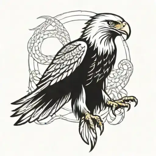 eagle with spread wings with a snake in its beak standing tattoo design idea