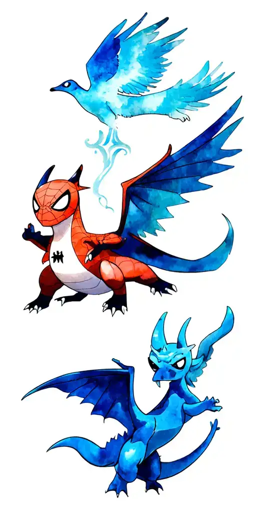 charizard and articuno and spiderman and one piece tattoo design idea