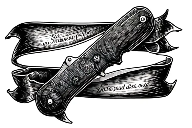 folding knife with passed away date and ribbon wrapped tattoo design idea