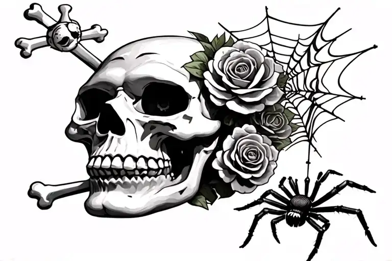Clown skull with roses and bones behind a large spider web with a spider lowering a coil machine below tattoo design idea