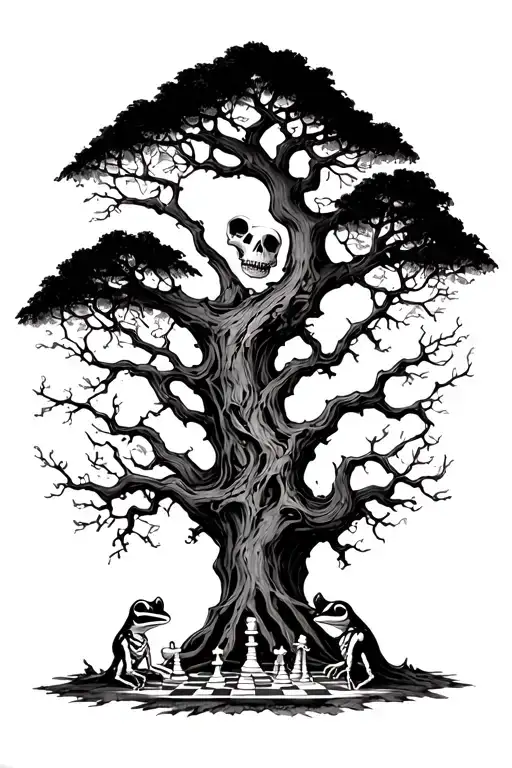 A gnarled tree with a skeleton and frog playing chess at the base tattoo design idea