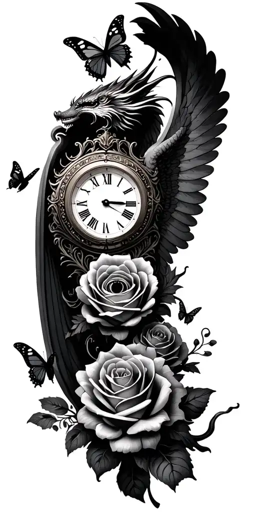 clock face, angel , roses, eye, dragon, butterfly surrounded, 9 tattoo design idea
