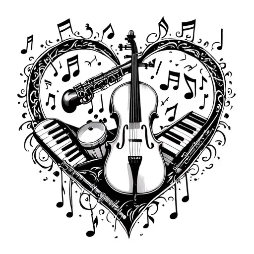 A cello and clarinet and keyboard and cymbals intertwined with musical notes forming a heart shape tattoo design idea