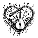 A cello and clarinet and keyboard and cymbals intertwined with musical notes forming a heart shape tattoo design idea