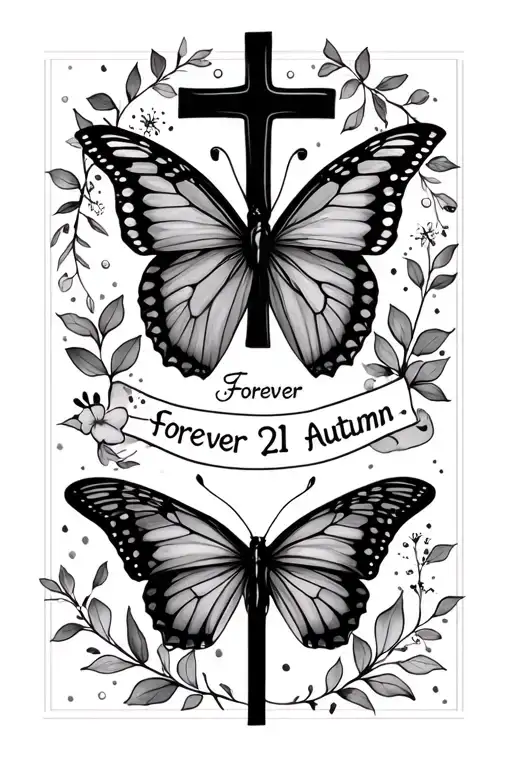 Butterfly And Cross in memory of daughter name autumn, forever 21 tattoo design idea