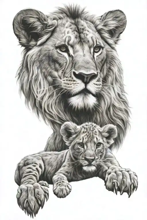 dad and baby lion standing tattoo design idea