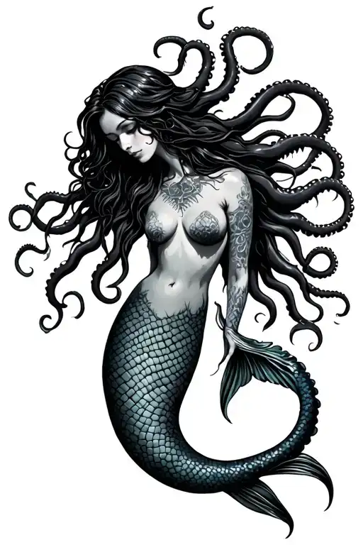 mermaid full body tentacles tattoo design idea