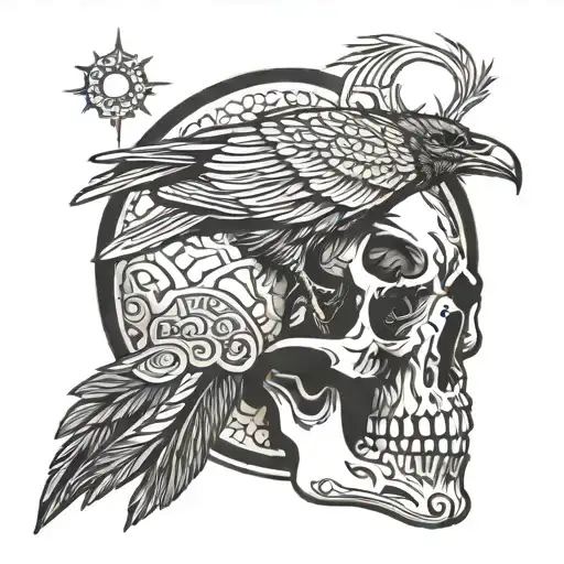 Raven perched on top aztec skull tattoo design idea