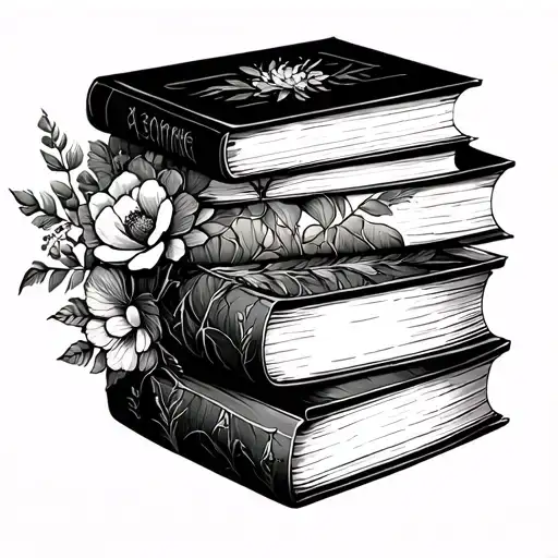 book stack and florals tattoo design idea