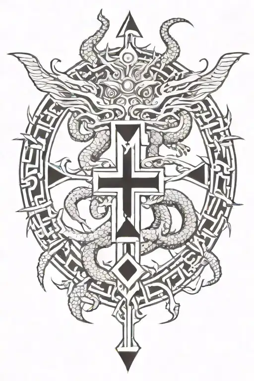 Aztec dragon wrapping around a cross  tattoo design idea