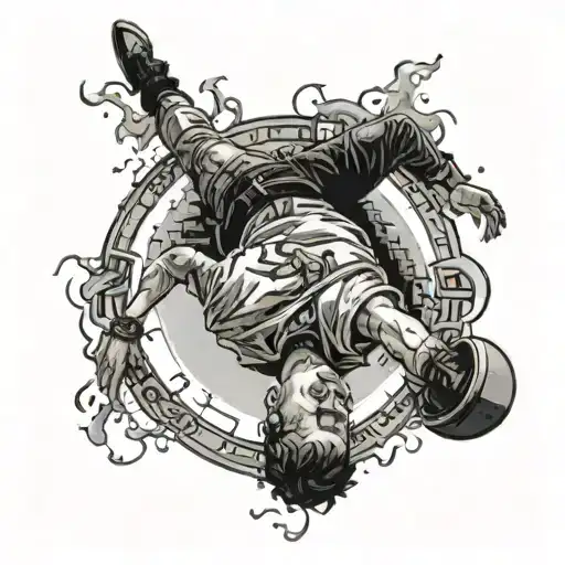 a top down view of a circular pedestal with a teenager dying while laying on his back facing the sky tattoo design idea