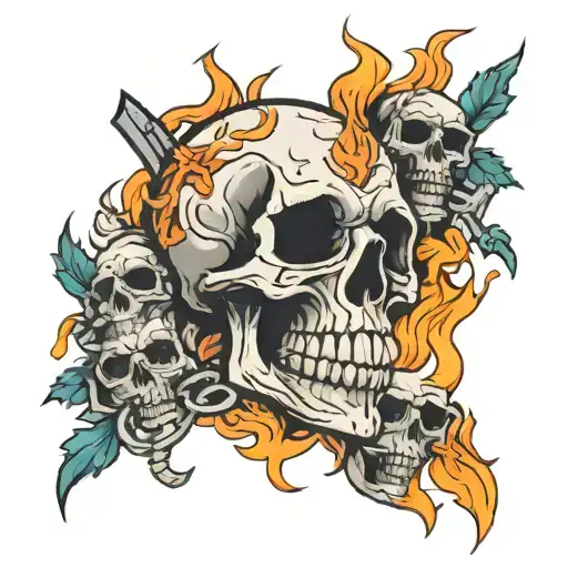 skull, fire, flames, and crosses tattoo design idea