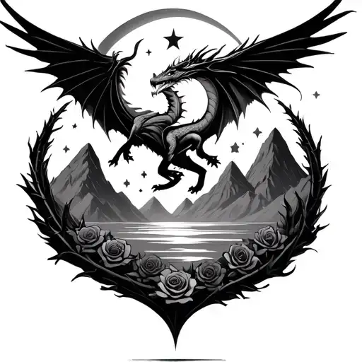 dragons from fourth wings. mountains from a court of thorns and roses. stars and half moon tattoo design idea
