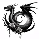 dragons from fourth wings. mountains from a court of thorns and roses. stars and half moon tattoo design idea