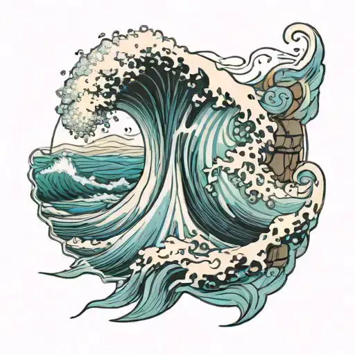 A lifelike wave crashing against a rocky shore. tattoo design idea
