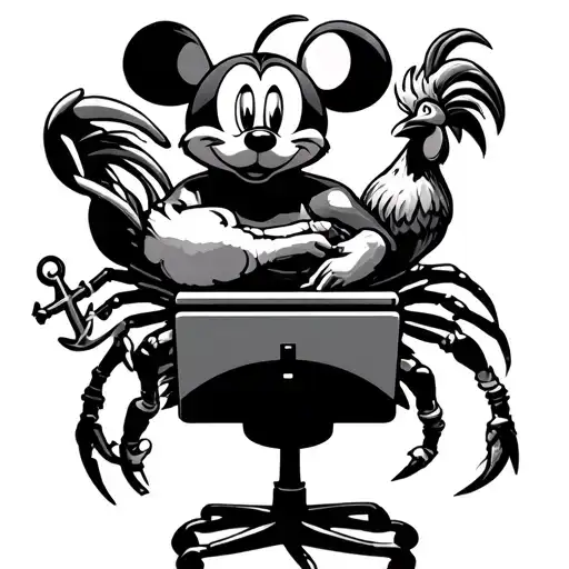 Mighty Mouse, Crab, Rooster holding an anchor and a large injectio while seating on a computer tattoo design idea