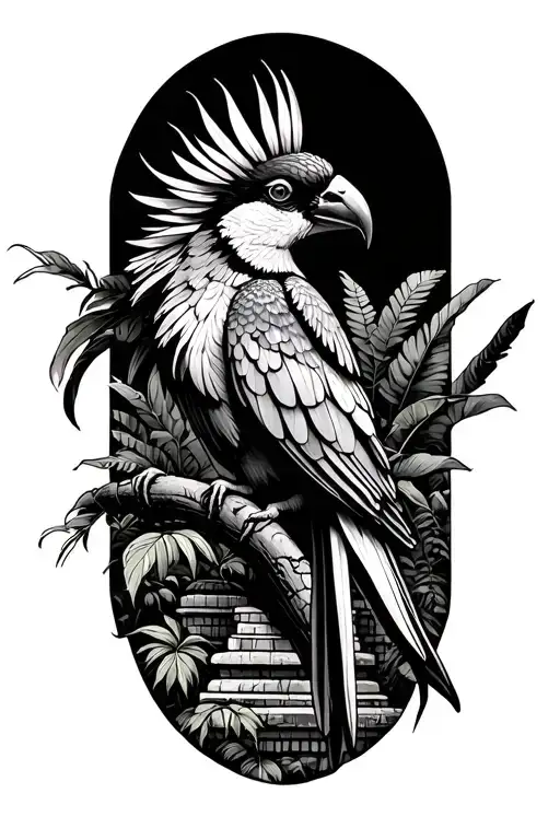 Quetzal perched on a branch infront of mayan temples with jungle and overgrown plants   tattoo design idea