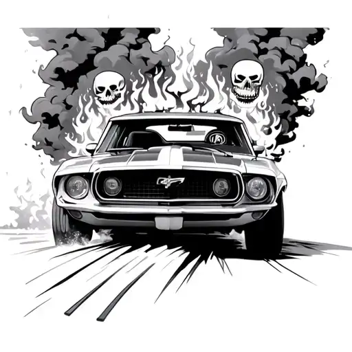 a 1969 ford mustang driving with fire coming off the back of the car with a skeleton in car with smoke in the backround tattoo design idea