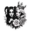 auntie and niece faces with flowers and crowns gangster harley quinn tattoo design idea