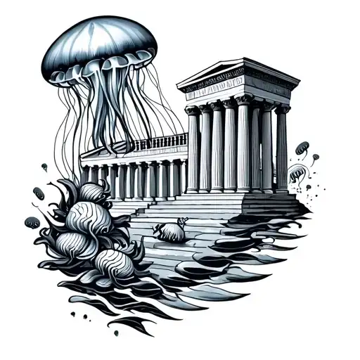 Greek buildings and gods with jellyfish above tattoo design idea