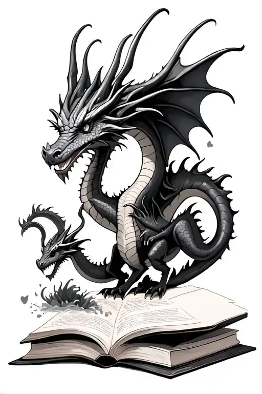 simple feminine adult dragon with a baby dragon flying out of a book tattoo design idea