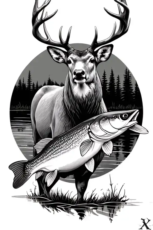 whitetail buck and northern pike tattoo design idea