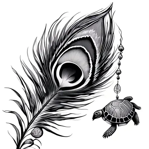peacock feather with dream catcher and turtle tattoo design idea