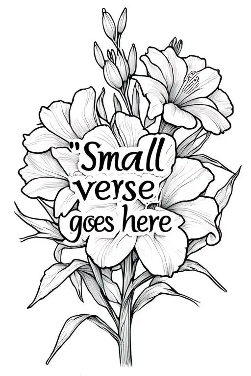 "Small verse goes here" gladiolus flower intertwined within tattoo design idea
