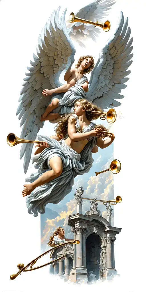 angels fighting demons flying with open wings and heavens gates in background and trumpets playing tattoo design idea