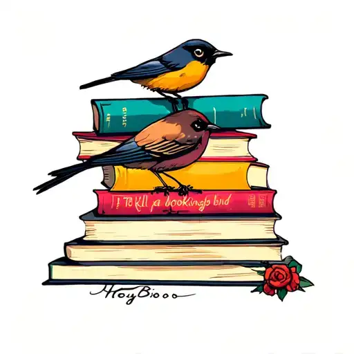 Only four books stacked, To Kill a Mocking bird, Hey Boo, delete the adjectives  tattoo design idea