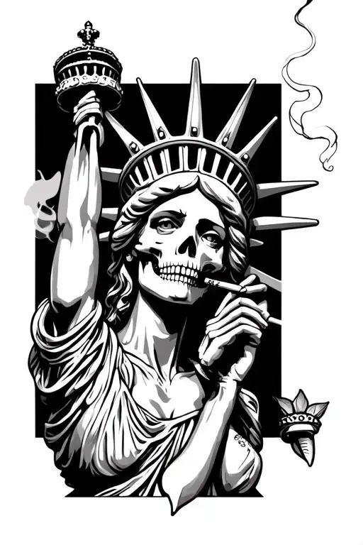 Lady smoking a cigarette with skeleton torso with lady liberty crown  tattoo design idea
