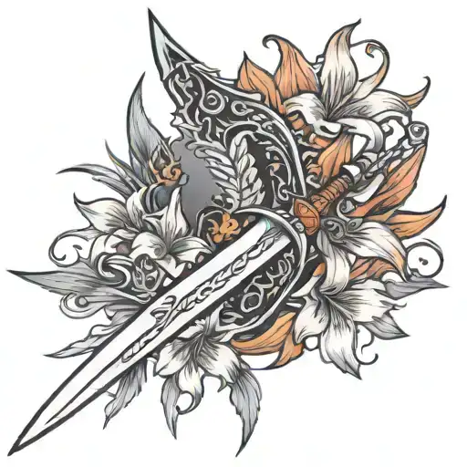 Sword with a ruby hilt facing down with orange day Lilies and a firehearwith a wyvern flying over it with 13 small stars tattoo design idea