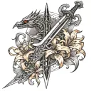 Sword with a ruby hilt facing down with orange day Lilies and a firehearwith a wyvern flying over it with 13 small stars tattoo design idea