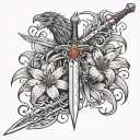 Sword with a ruby hilt facing down with orange day Lilies and a firehearwith a wyvern flying over it with 13 small stars tattoo design idea
