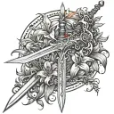 Sword with a ruby hilt facing down with orange day Lilies and a firehearwith a wyvern flying over it with 13 small stars tattoo design idea